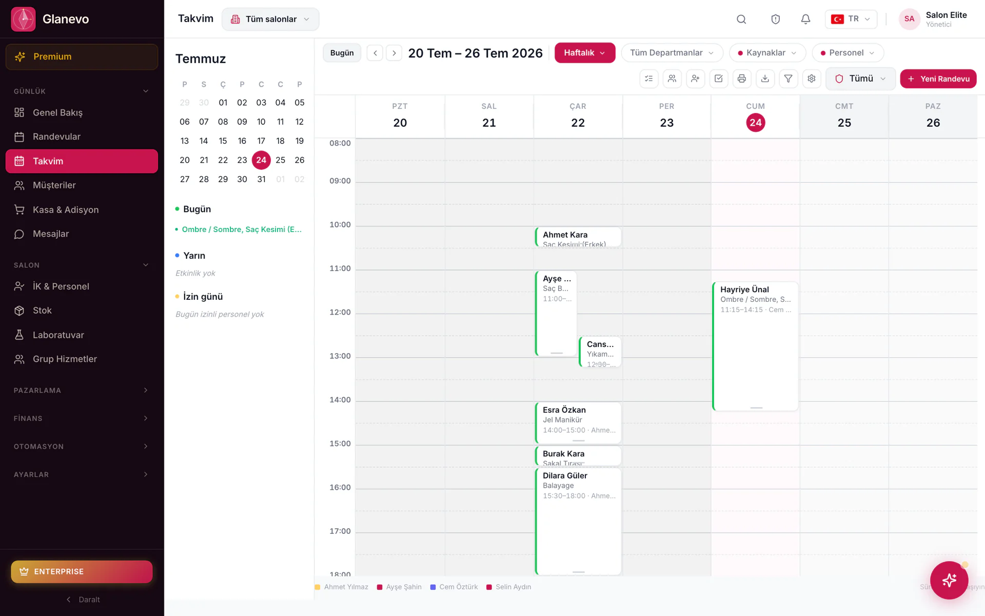 Weekly calendar in the Glanevo panel: appointments colour-coded per staff member, month view and day summary on the left